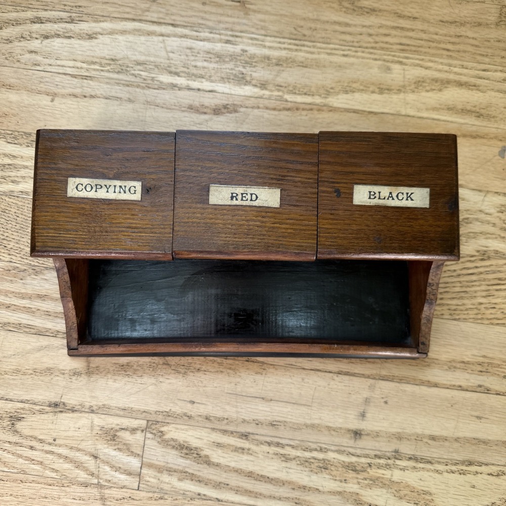 Antique Wood Desk Organizer 3 Compartment Inkwell Stand Copying Red Black Labels